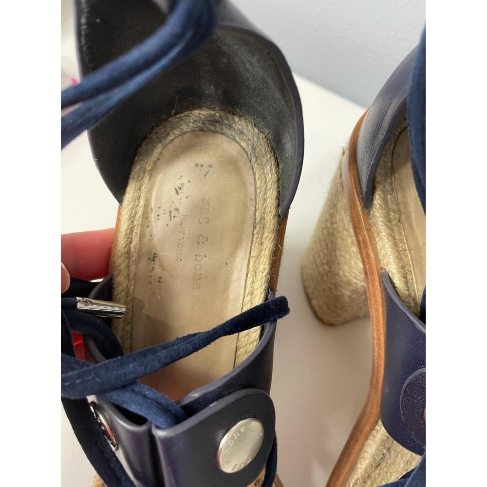 RAG & BONE Navy Eden Leather Raffia Lace-Up Sandal - Picture 9 of 12